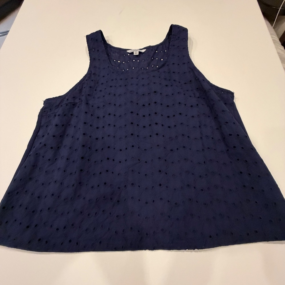 Ophelia Roe Navy Blue Eyelet Cotton Tank Top XL Crochet Lace Back Sleeveless
